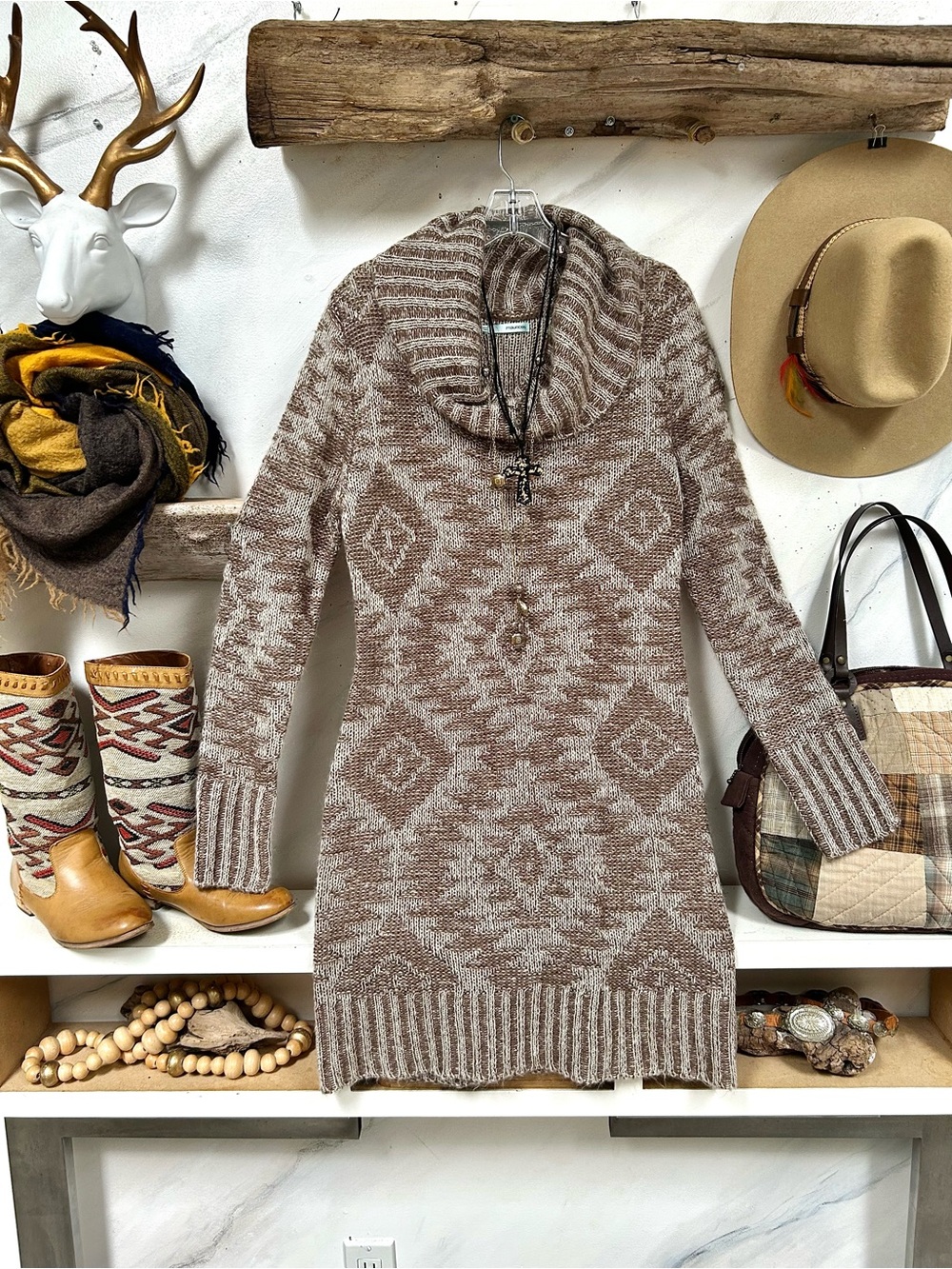 Aztec sweater dress w Cowl Neck southwestern cottagecore country vibe